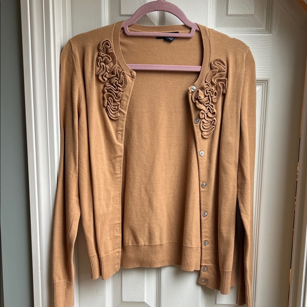 Lands End Women’s Camel Knit Cardigan Sweater with Rosette Detail